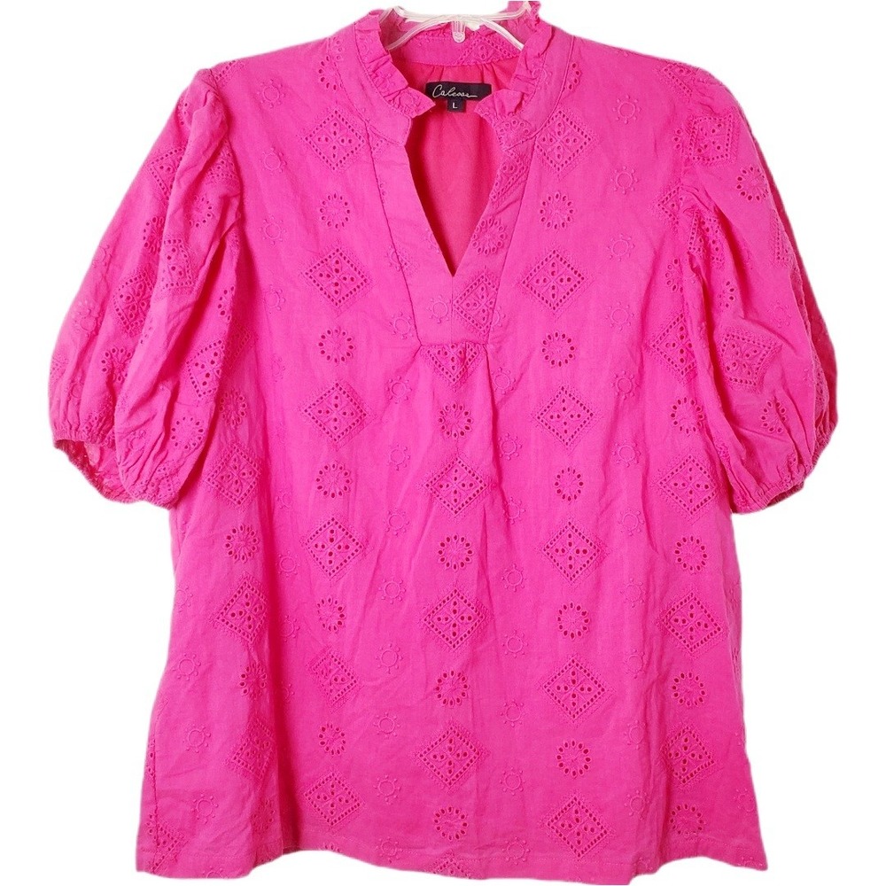Calessa Pink Cotton Eyelet Lace Popover Top Short Sleeve Blouse Size Large